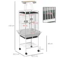 Ptačí klec PawHut, klec pro papoušky se 3 dvířky, 2 bidýlky, kolečka otočná o 360°, miska na krmivo, police, hrací plocha, 62,5x62,5x156cm, bílá
