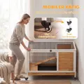 Dřevěná králíkárna PawHut se 2 úrovněmi, výklopnou střechou, kolečky, dvěma vchody, rampou a výsuvným tácem, 90x53x59cm
