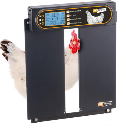 Dvířka kurníku Ferplast s automatickým otevíráním/zavíráním, programovatelný časovač, hliník se solárním panelem a dobíjecí baterií, 28 x 4 x 38 cm