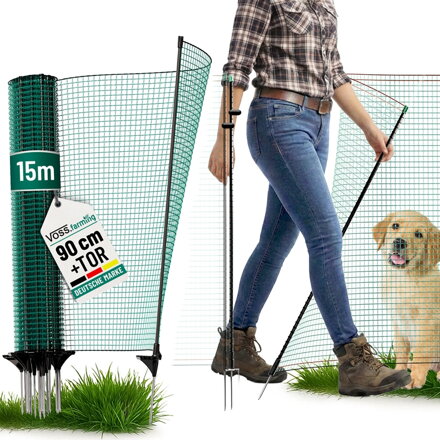 Hraniční plot s brankou, 90cm, 9 sloupků, 1 hrot, zelený, bez elektřiny pro drůběž, zvířata , VOSS.farming classic 15m