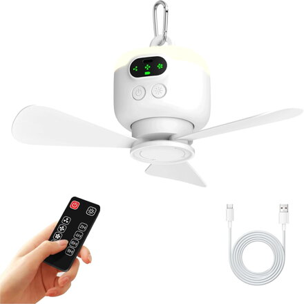 Stropní ventilátor VVU&CCO pro venkovní kempování s dálkovým ovládáním, baterie 8000 mAh se světlem, 4 rychlostní stupně, časovač dobíjecí USB