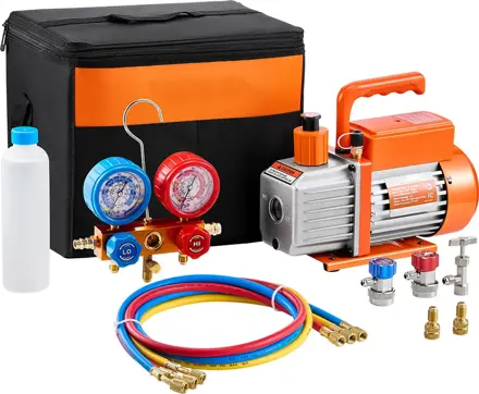Vakuové čerpadlo a sada manometrů, jednostupňové rotační lopatkové vakuové čerpadlo pro vytápění, větrání a klimatizaci, sada chladiva, sada manometrů pro rozdělovač, s tříbarevnou taškou na hadici, vhodné pro R134a, R410a VP125