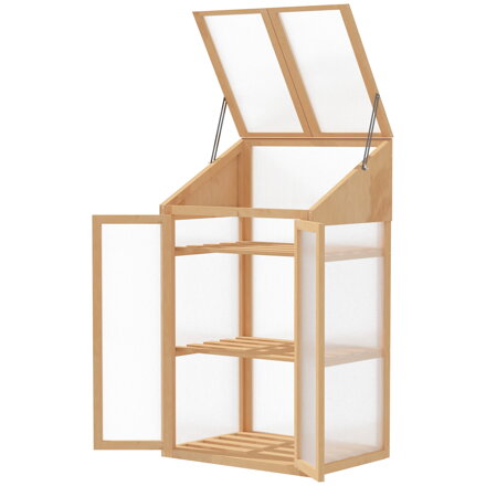 Malý skleník s dřevěným rámem, oknem a dvojitými dveřmi, 3 police, 70D x 50Š x 120V cm, hnědý