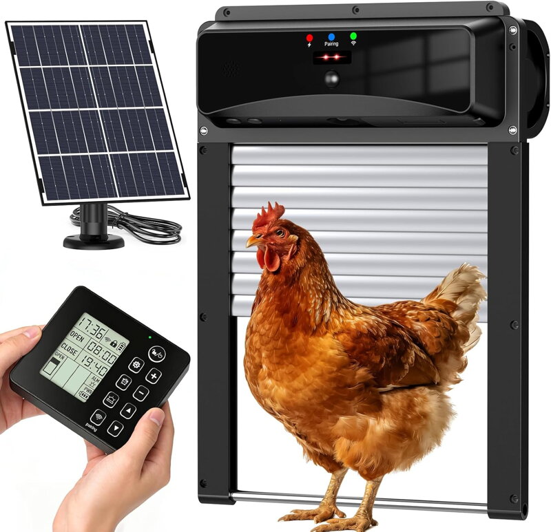Automatická dvířka ke  kurníku s externím ovladačem, rolovací konstrukce se solární energií, vodotěsná ,  programovatelný časovač, venkovní Materfun2027