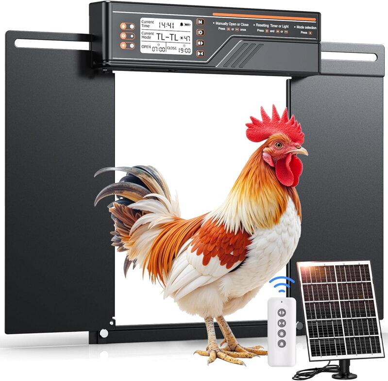 Hliníkové automatické kuřecí dvířka, solární elektrická kuřecí dvířka s velkým displejem, světelným senzorem, časovačem, dálkovým ovládáním Hliníkové automatické kuřecí dvířka, solární elektrická kuřecí dvířka s velkým displejem, světelným senzorem, časovačem, dálkovým ovládáním