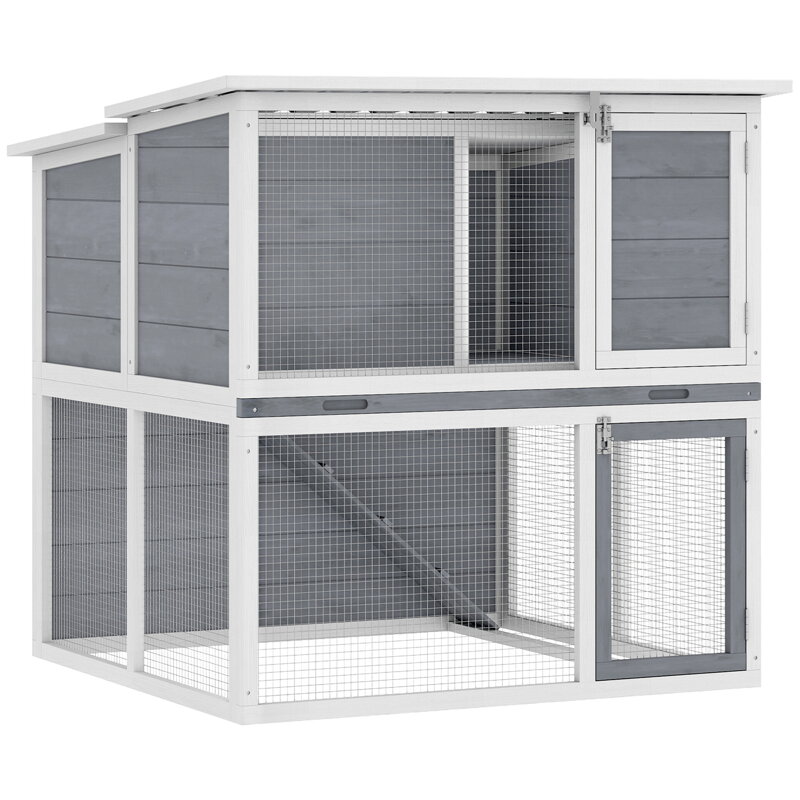  Dvoupatrová dřevěná králíkárna s vodotěsnou výklopnou střechou, výběhem a rampou, šedá, 98x95x102,5 cm PawHut