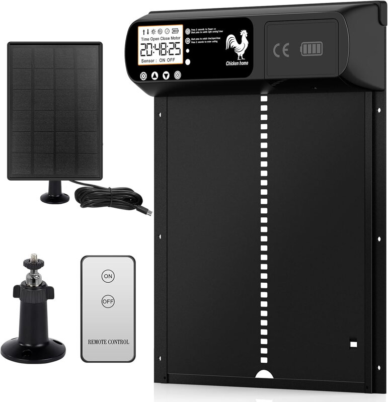 Automatická solární dveřka kurníku, hliníkové dveře kurníku s časovačem, světelným senzorem, ručním ovládáním, vodotěsným LED displejem, dálkovým ovládáním, hliníkové solární dveře kurníku s inteligentní ochranou  Yoarmyt