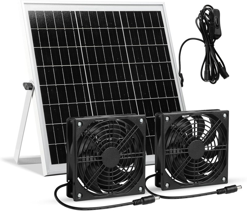 Solární ventilátor, 15W vodotěsná sada solárního ventilátoru s dvojitým stejnosměrným ventilátorem pro malé kurníky, skleníky, kůlny, boudy pro domácí mazlíčky, odsávání oken