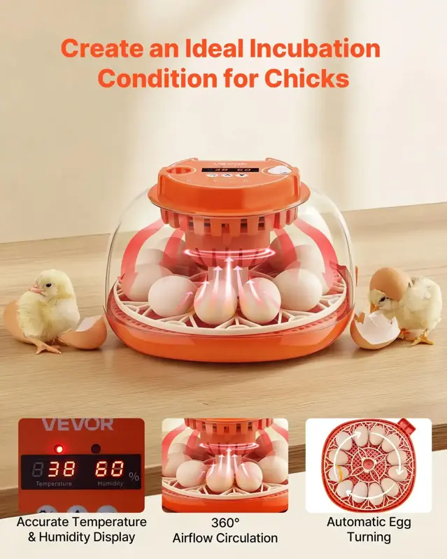 Plně automatický inkubátor na 12 vajec, inkubátor na vejce, s obracečem vajec, regulací teploty a vlhkosti VEVOX035EU | červená