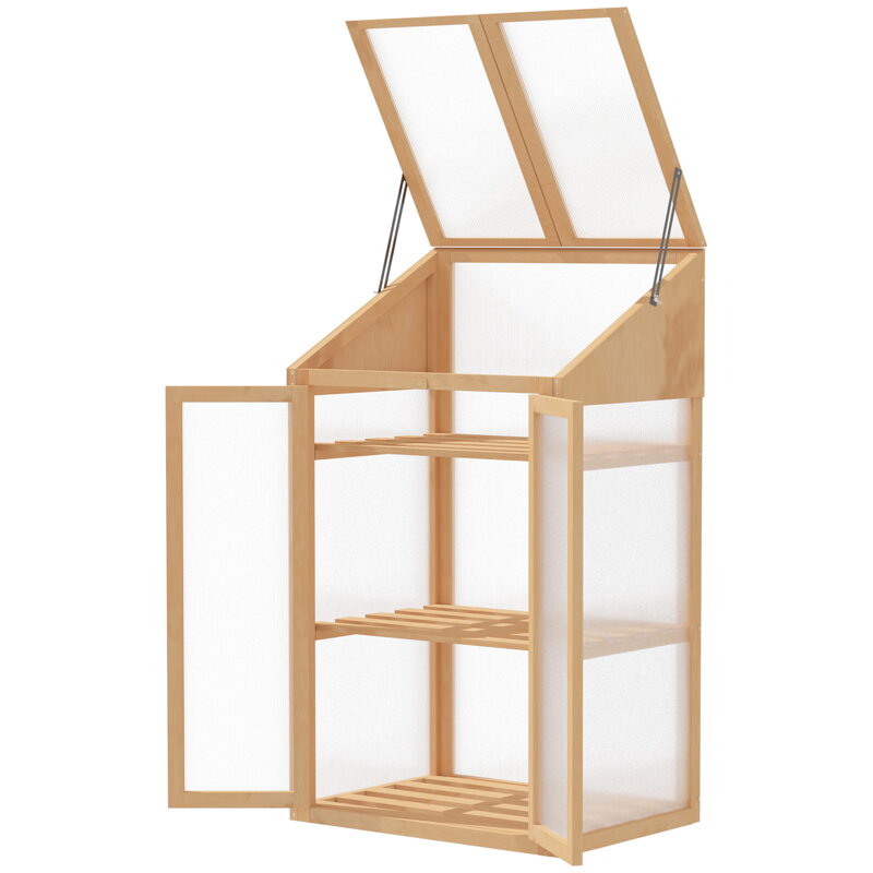 Malý skleník s dřevěným rámem, oknem a dvojitými dveřmi, 3 police, 70D x 50Š x 120V cm, hnědý